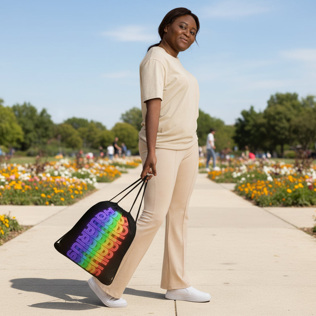 Black drawstring backpack with 'Aquarius' Rainbow text design on the front.