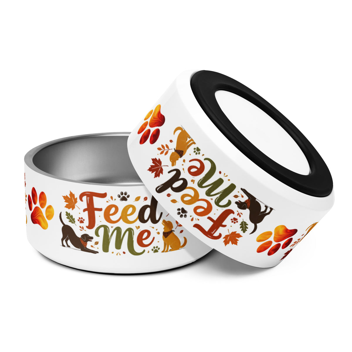 Feed Me in Fall Colors - White Pet Bowl 32 oz Front & Bottom View