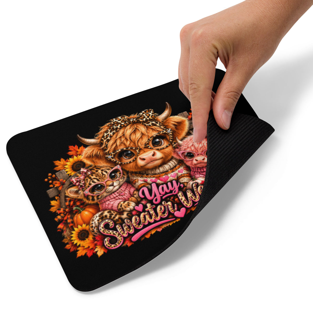Highland Cow Sweater Weather Black Mouse Pad - Peek of Bottom View