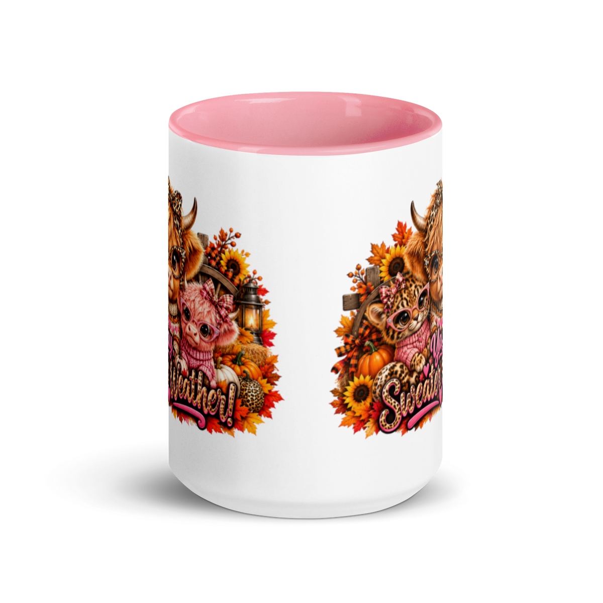 Highland Cow Sweater Weather White Mug with Pink Color Trim 15 oz - Side View