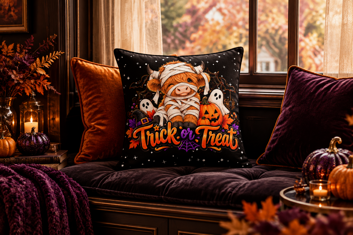 Highland Cow Trick or Treat Stars and Black Premium Decor Pillow 22 x 22