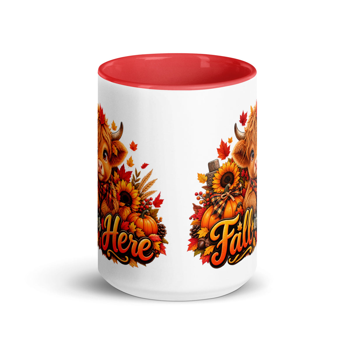 Hiland Cow Fall is Here White Mug with Red Color Trim 15 oz - Side View