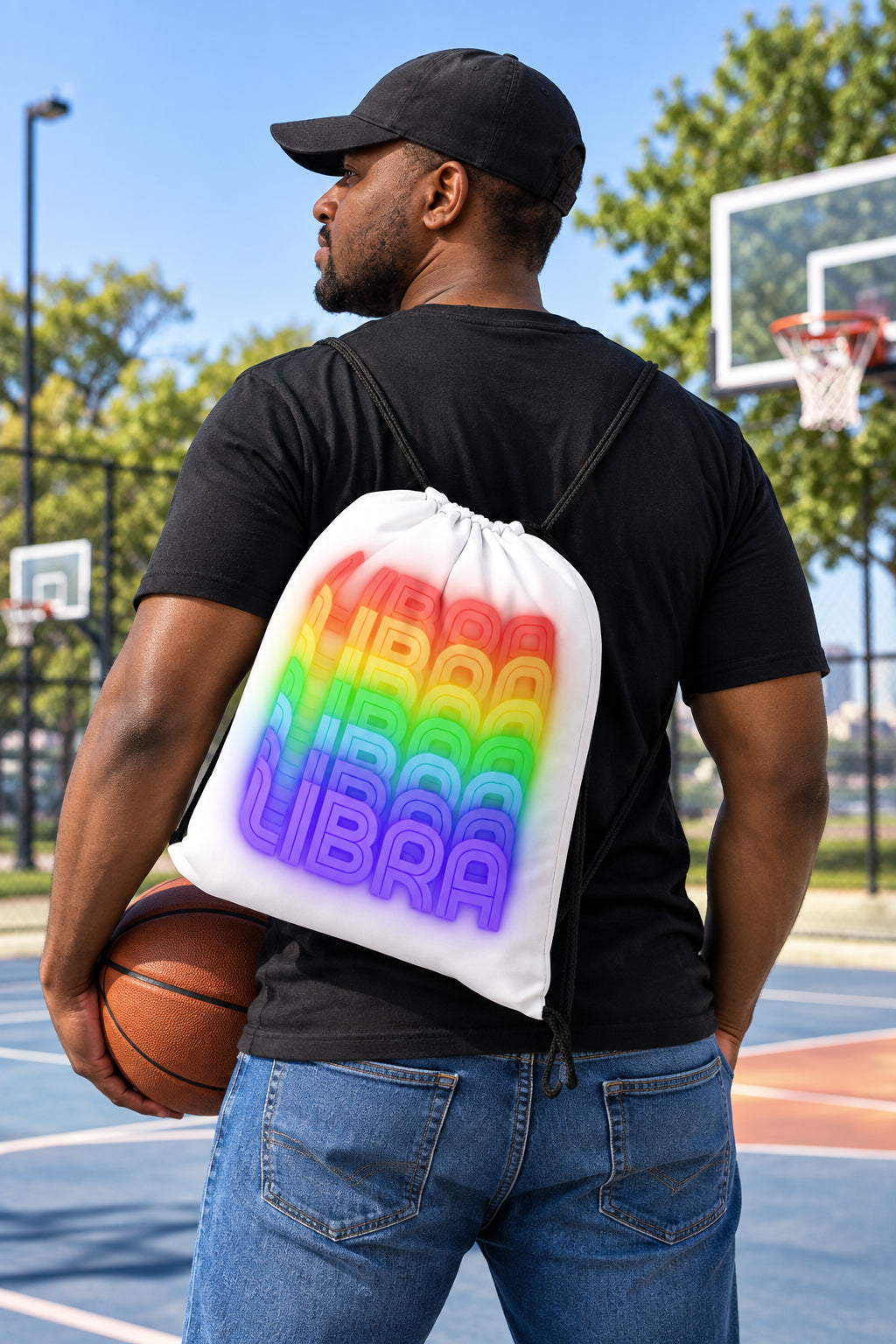 Libra Rainbow - White Drawstring Bag (Man Wearing View)