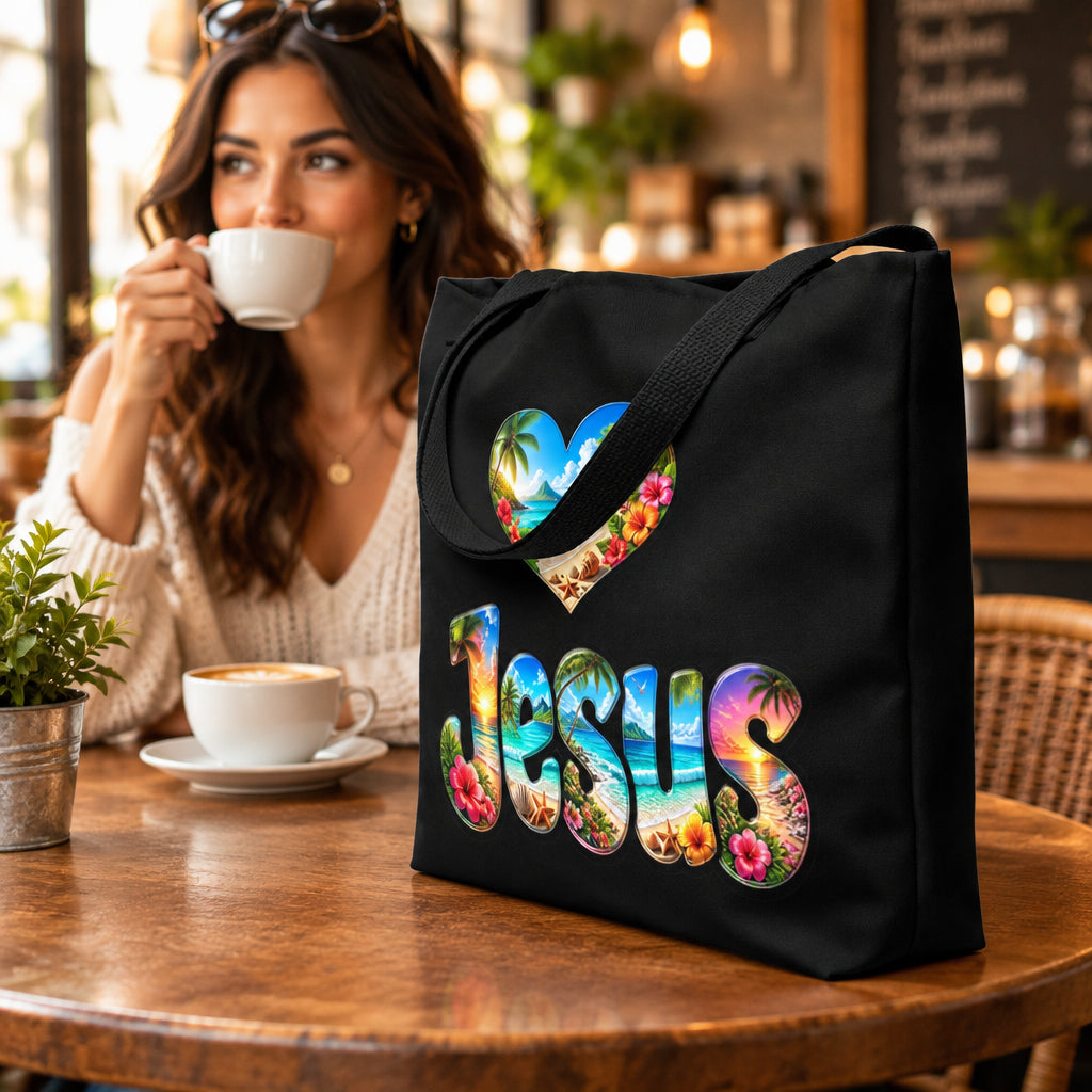 Love Jesus Black Large Tote Bag - Side View