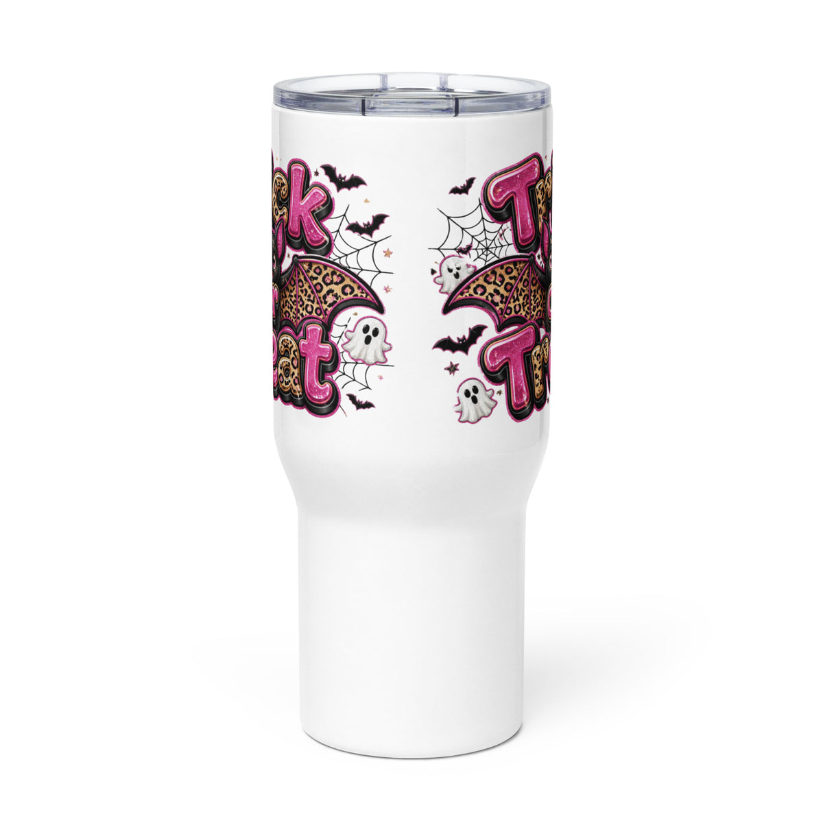 Trick or Treat Pink and Cheetah Bat Travel Mug with Handle 25 oz - Side View
