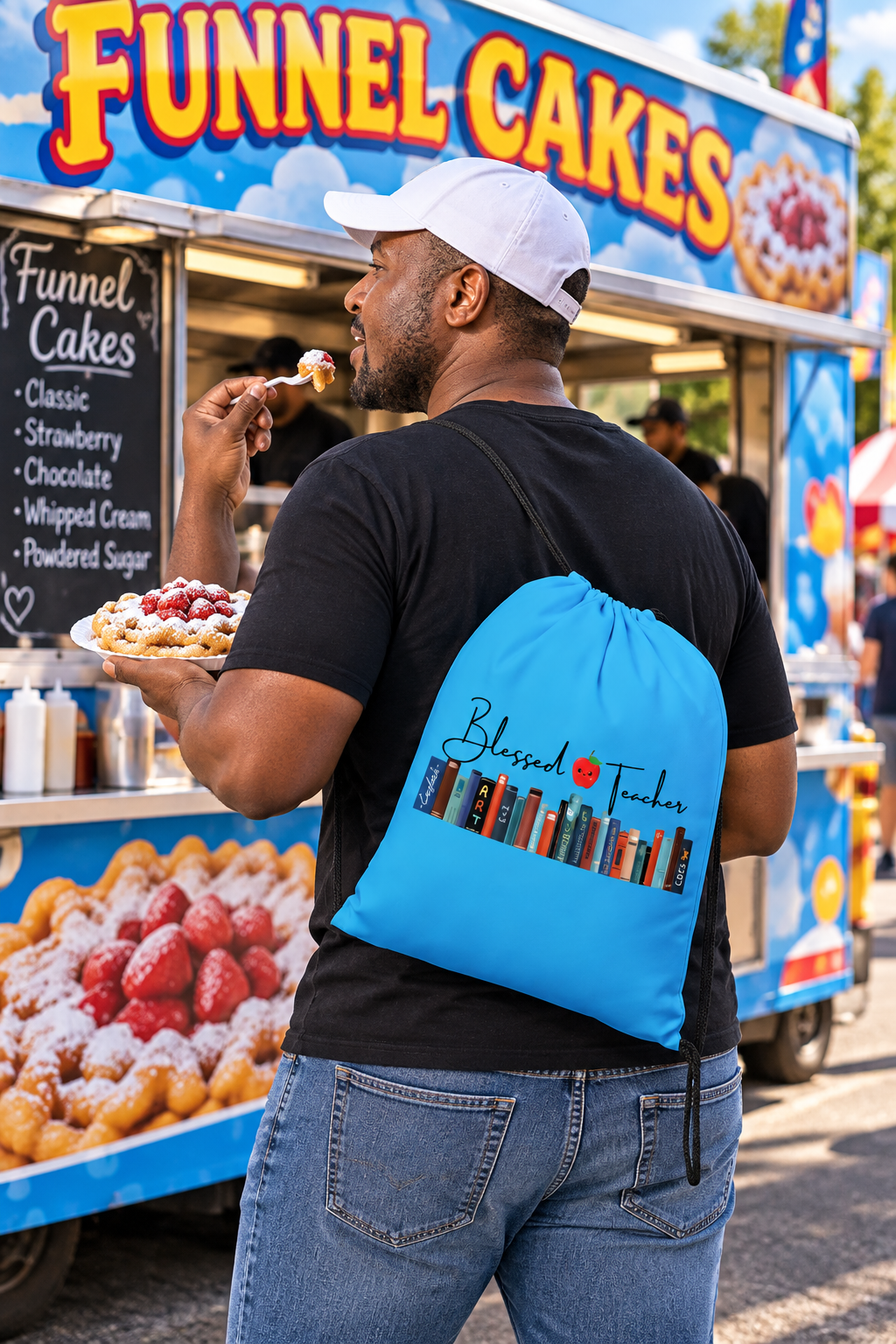 Blessed Teacher Bright Summer Sky Blue Drawstring Backpack