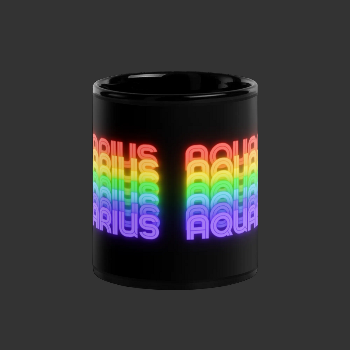 Black mug with rainbow-colored 'Aquarius' text side view (11 oz.)