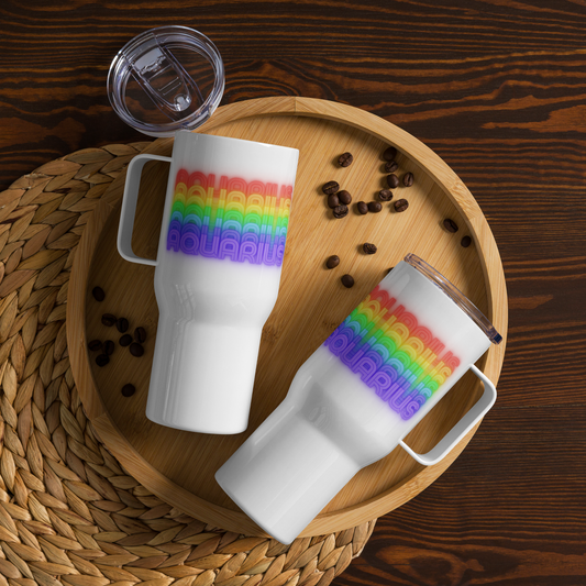 Two 25 oz. white mugs with Aquarius rainbow text on a wooden tray with coffee beans.