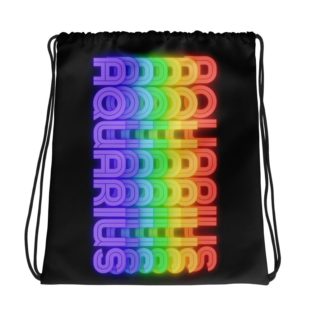 Black drawstring backpack with a 'Aquarius' Rainbow text design on the front.