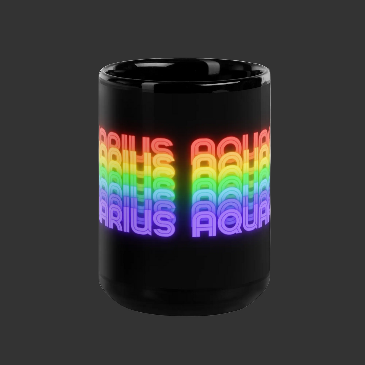 Black mug with rainbow-colored 'Aquarius' text side view (15 oz.)