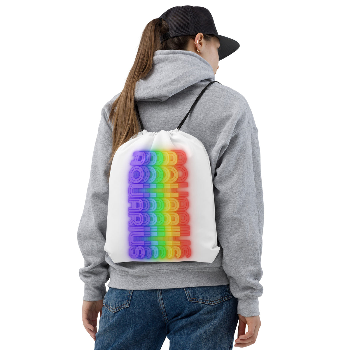 Aquarius Rainbow White Drawstring Bag Front