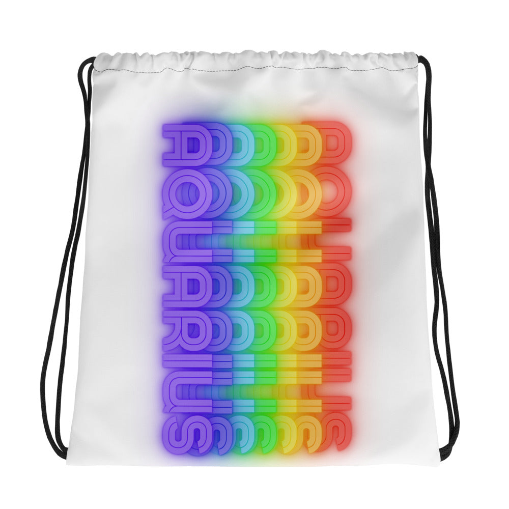 White drawstring backpack with Aquarius rainbow-colored text pattern spelling out 'Aquarius' on the front.