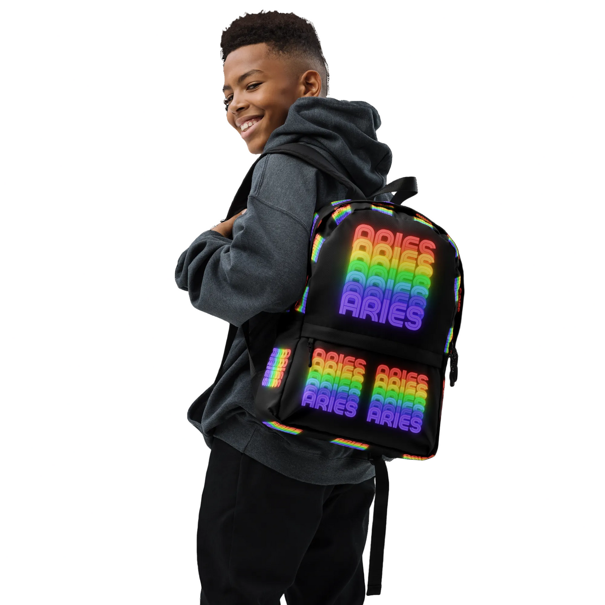 Aries_Rainbow_-_Black_Backpack-Boy_Wearing_View