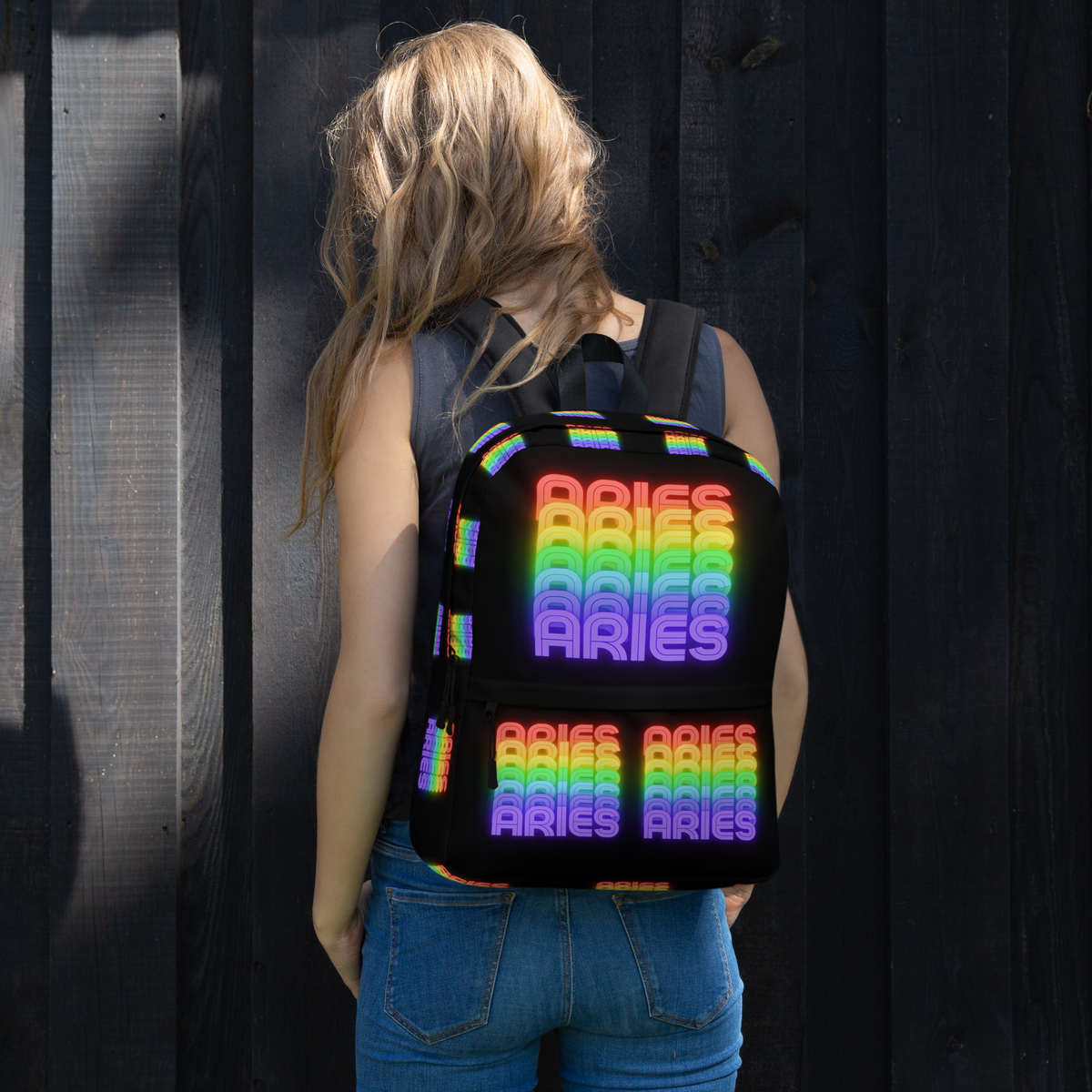 Aries_Rainbow_-_Black_Backpack-Woman_Wearing_View