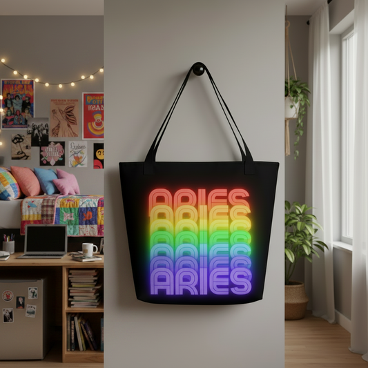 Aries Rainbow - Black Large Tote Bag with Pocket Front View