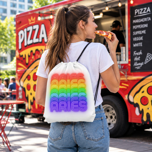 Aries Rainbow - White Drawstring-Bag (Woman Wearing View)