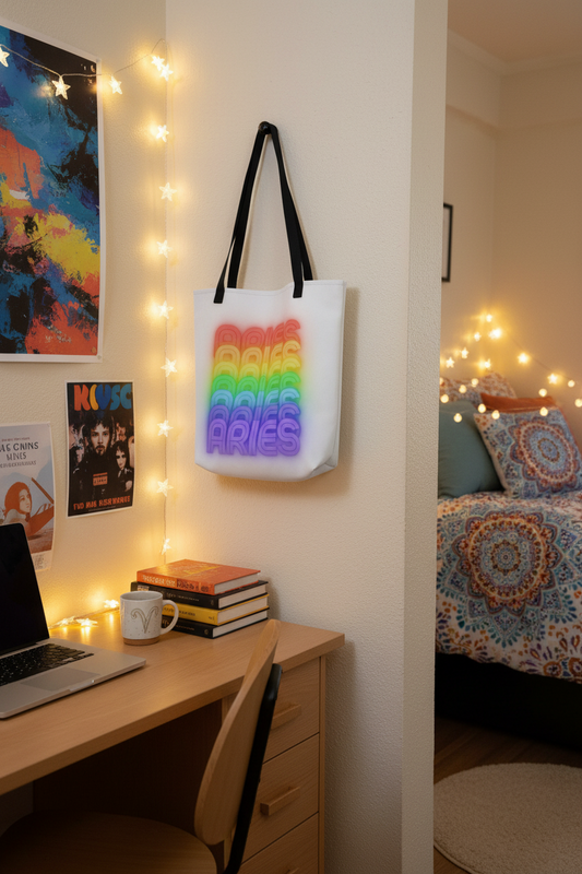 Aries Rainbow - White Large Tote Bag with Pocket - Front Pocket View