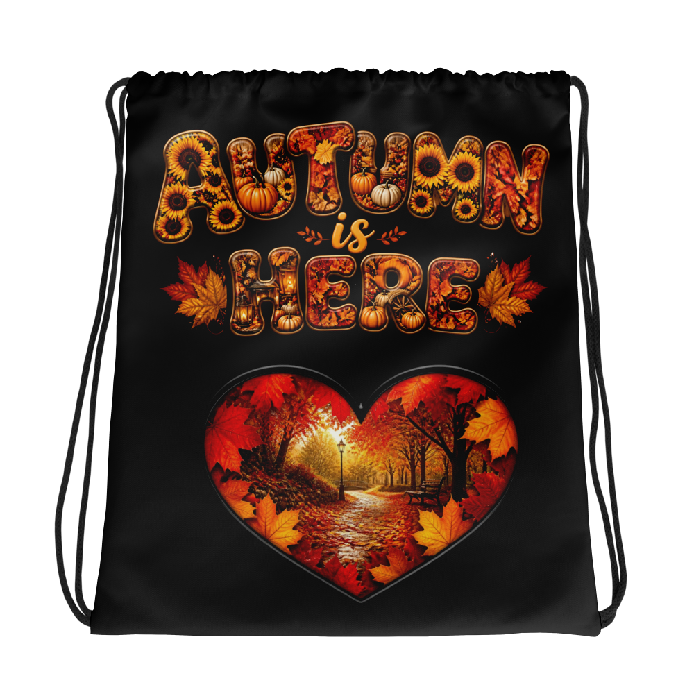 Autumn is Here Black Drawstring Bag (Front and Back View)
