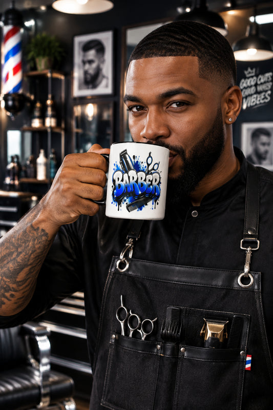 Barber Blue & White Ombre White Mug with Black Color Trim - 11 oz - Right View