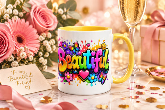 Beautiful in Rainbow Colors - White Coffee Mug with Yellow Color Trim 11 oz (Right Handle View)