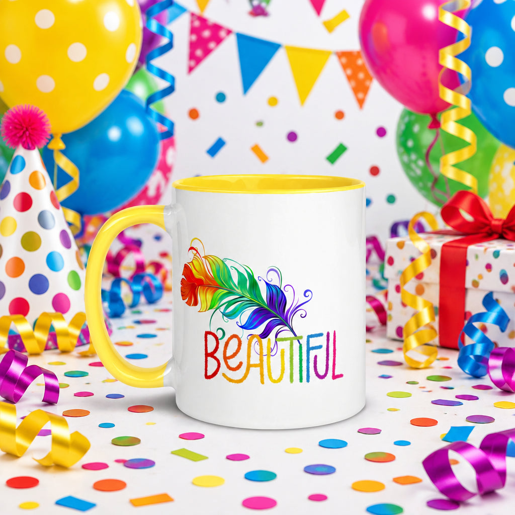Beautiful with Feather Rainbow - White Mug with Yellow Color Trim 11 oz (Left Handle View)