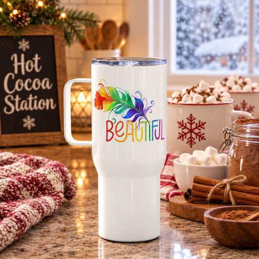 Beautiful with Feather Rainbow - White Travel Mug with Handle (Right Handle View)