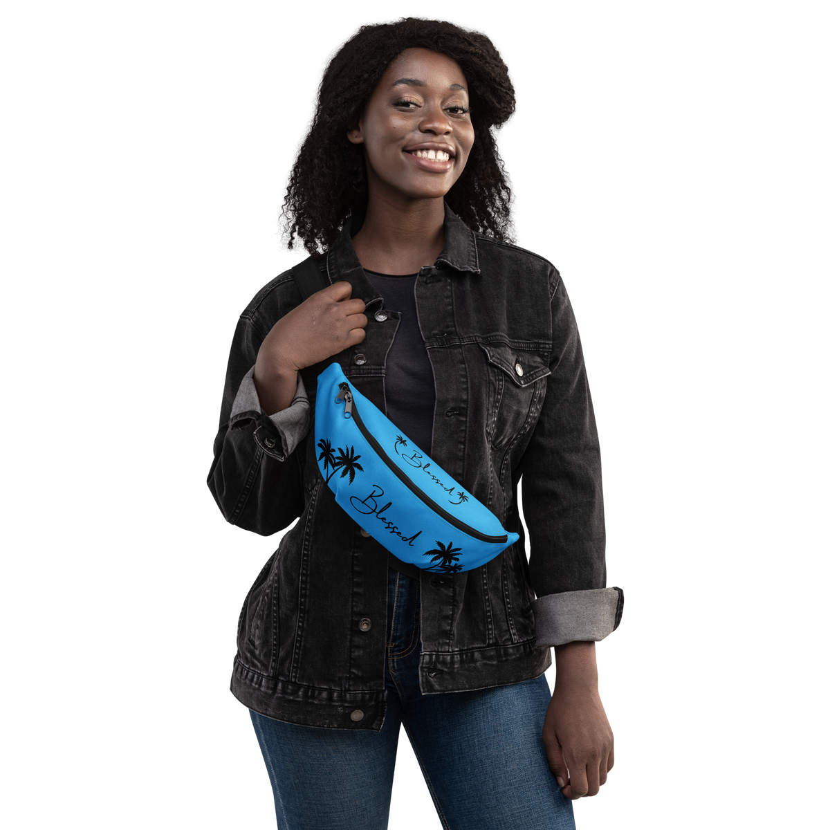 Blessed Deep Sky-Blue Fanny Pack (Female View)