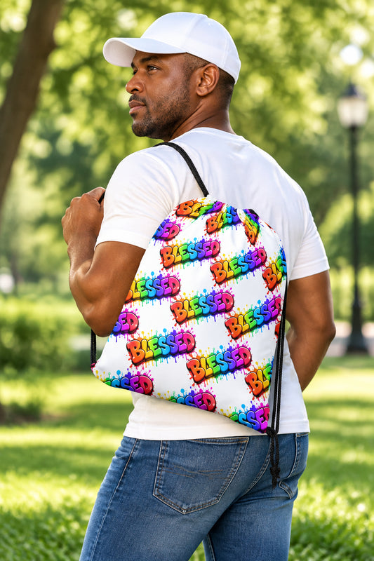 Blessed Rainbow - White Drawstring Bag - Male Wearing View