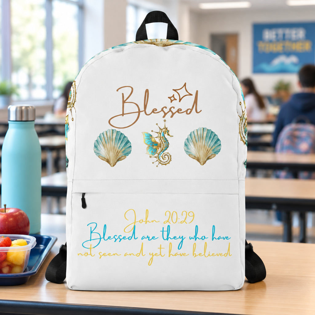 Blessed Seahorse & Sea Shell White Backpack
