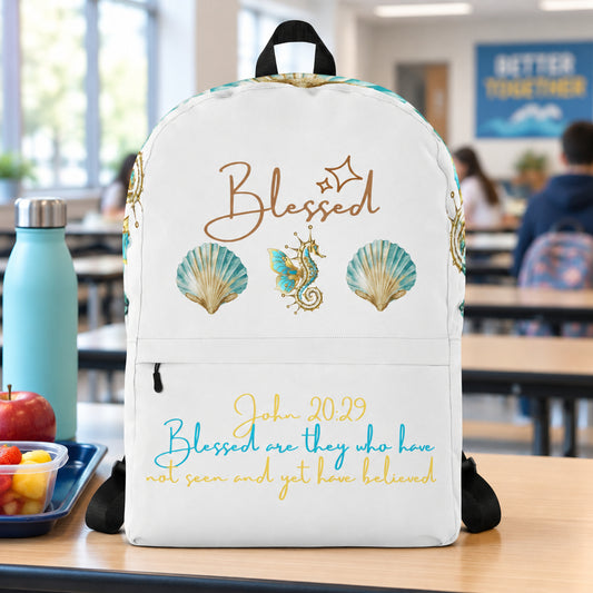 Blessed Seahorse & Sea Shell White Backpack