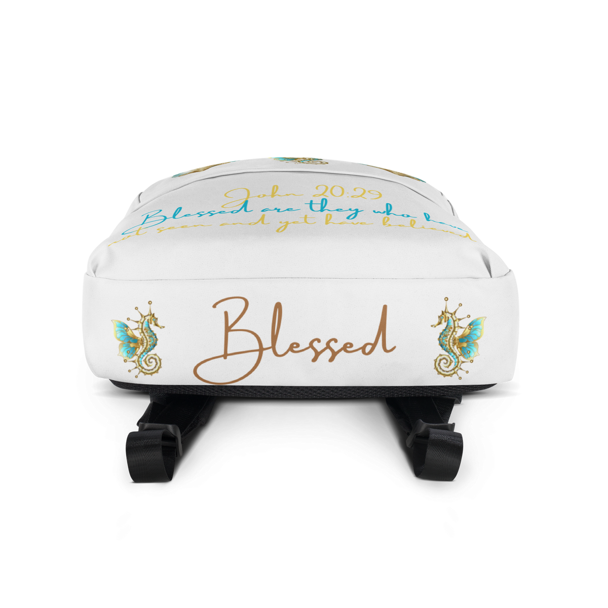 Blessed Seahorse & Sea Shell White Backpack - Bottom View