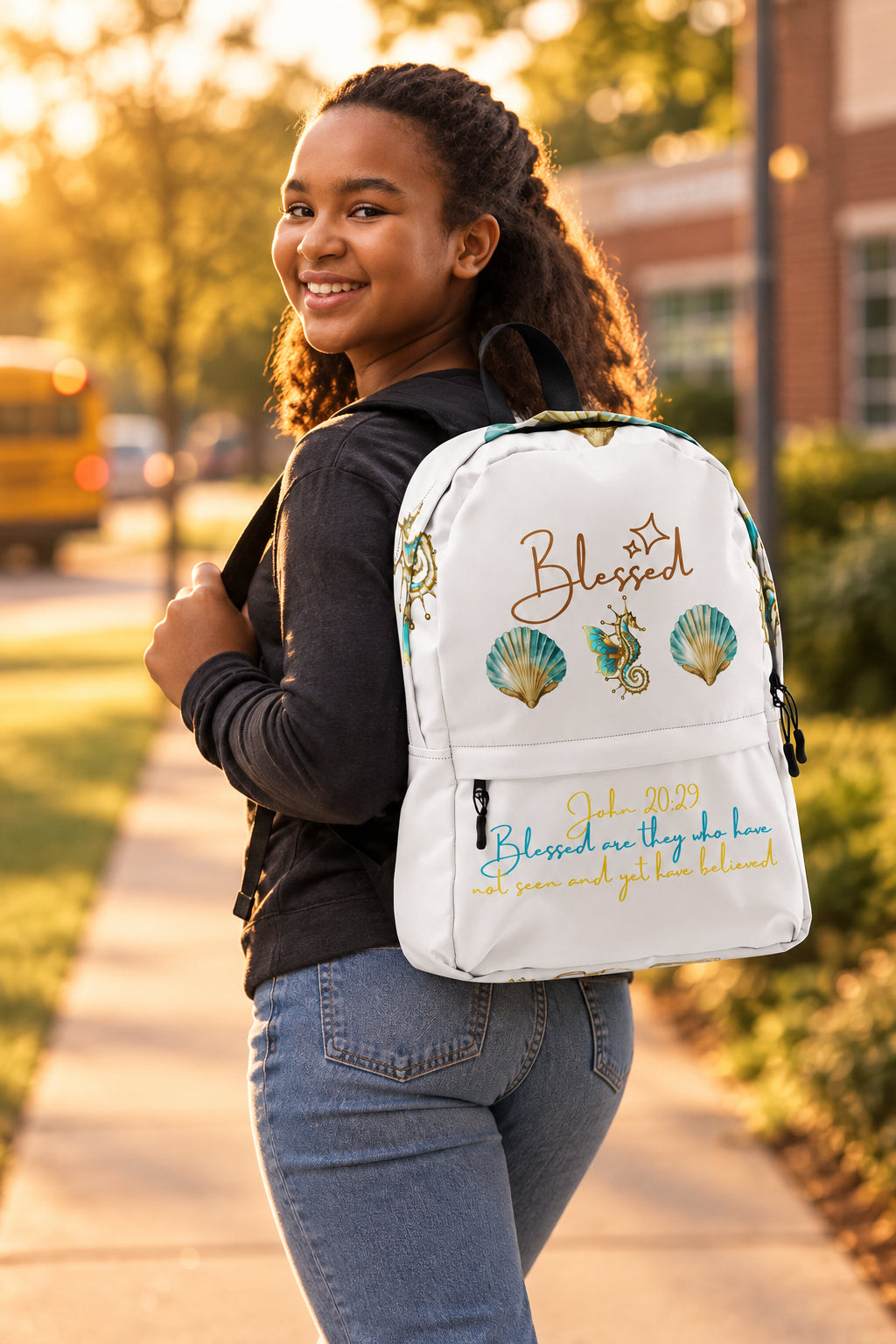 Blessed Seahorse & Sea Shell White Backpack - Female Wearing View