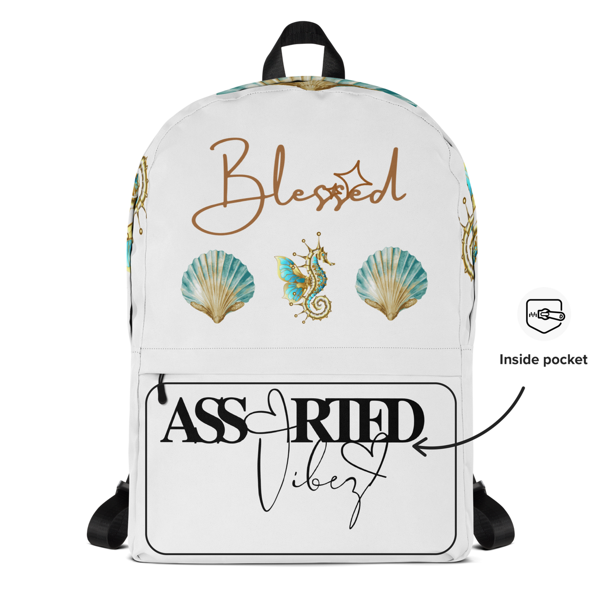 Blessed Seahorse & Sea Shell White Backpack - Front Pocket View