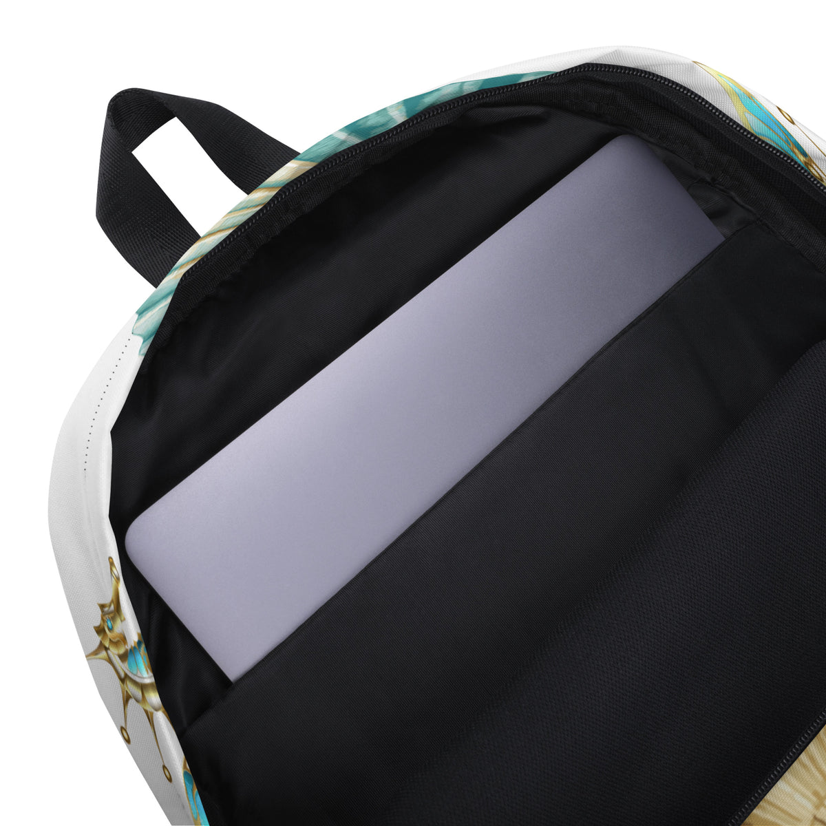 Blessed Seahorse & Sea Shell White Backpack - Laptop Pocket View