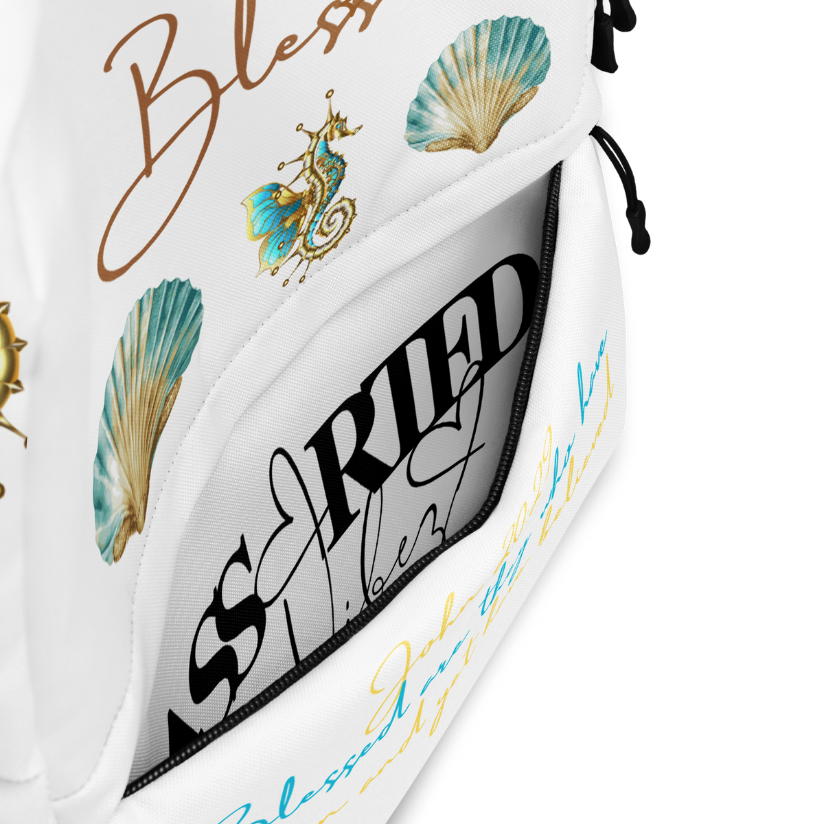 Blessed Seahorse & Sea Shell White Backpack - Peek of Inside Pocket View