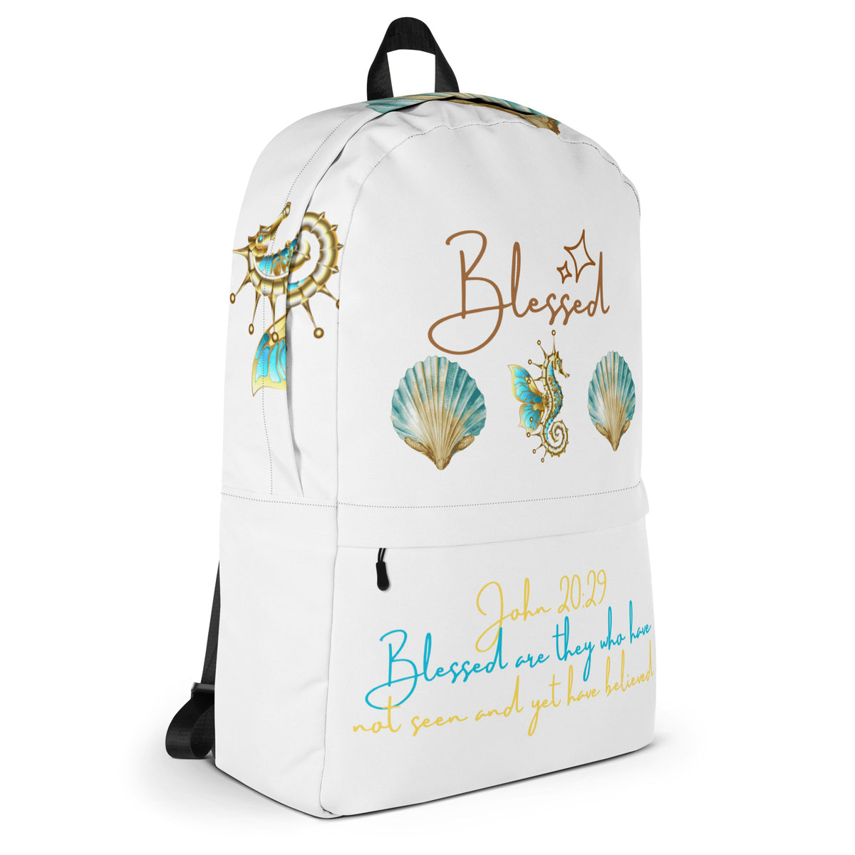 Blessed Seahorse & Sea Shell White Backpack - Side View