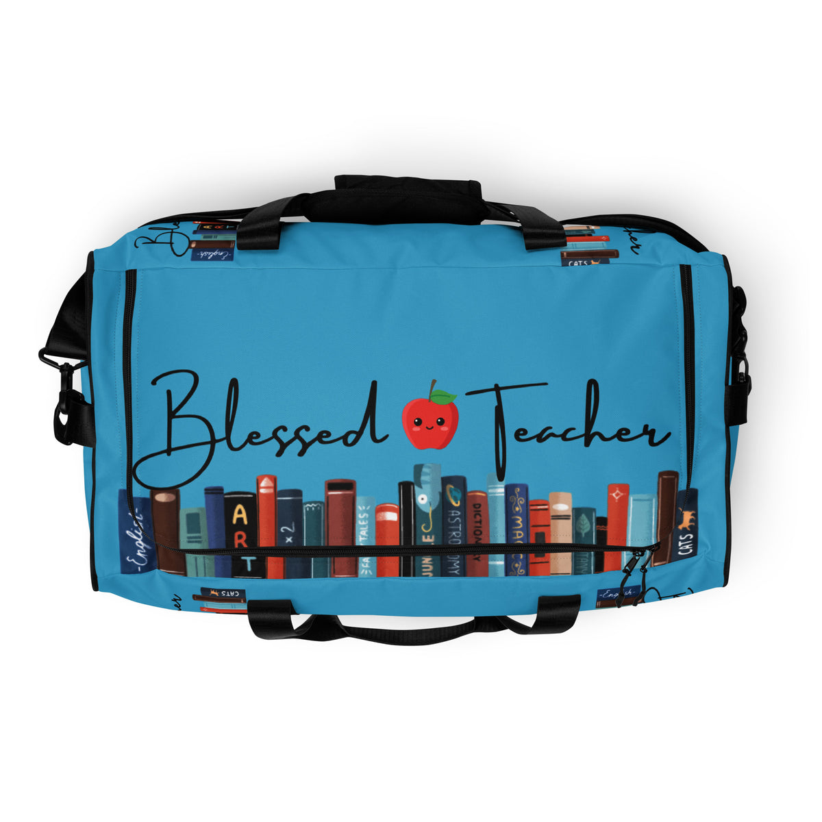 Blessed Teacher Blue Duffle Bag (Top View)