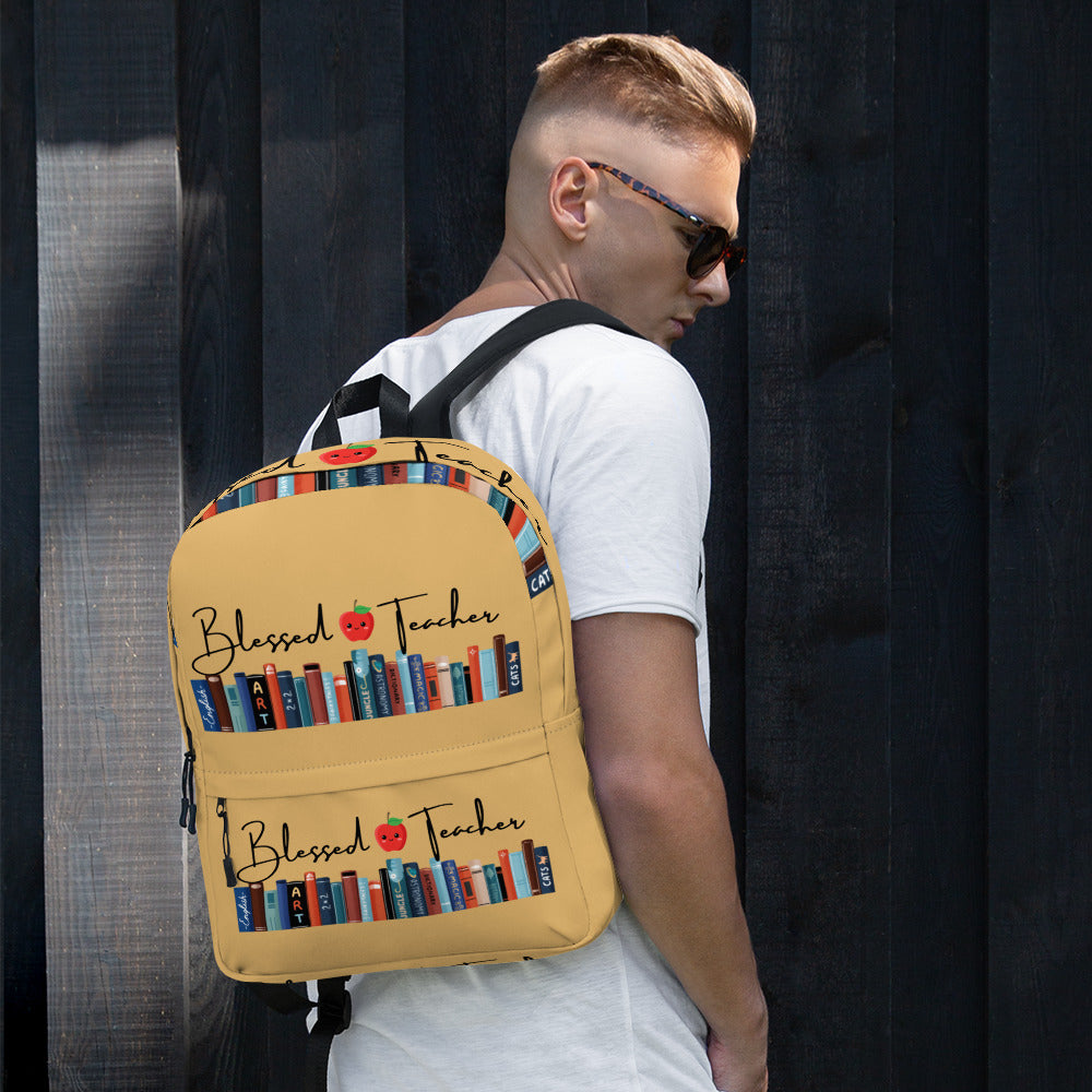 Blessed Teacher Fawn Backpack (Male Wearing View)