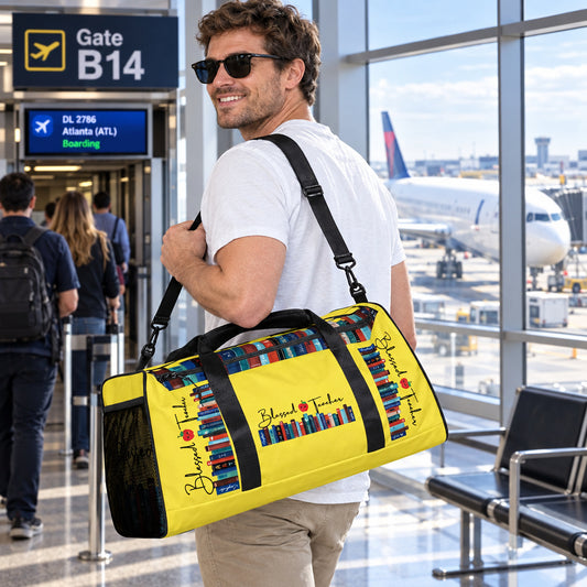 Blessed Teacher Paris Daisy Yellow Duffle Bag (Male Wearing View)