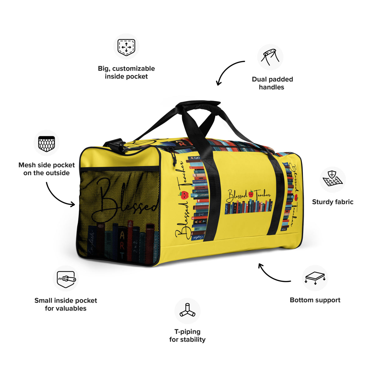 Blessed Teacher Paris Daisy Yellow Duffle Bag (Right Front with Descriptions View)