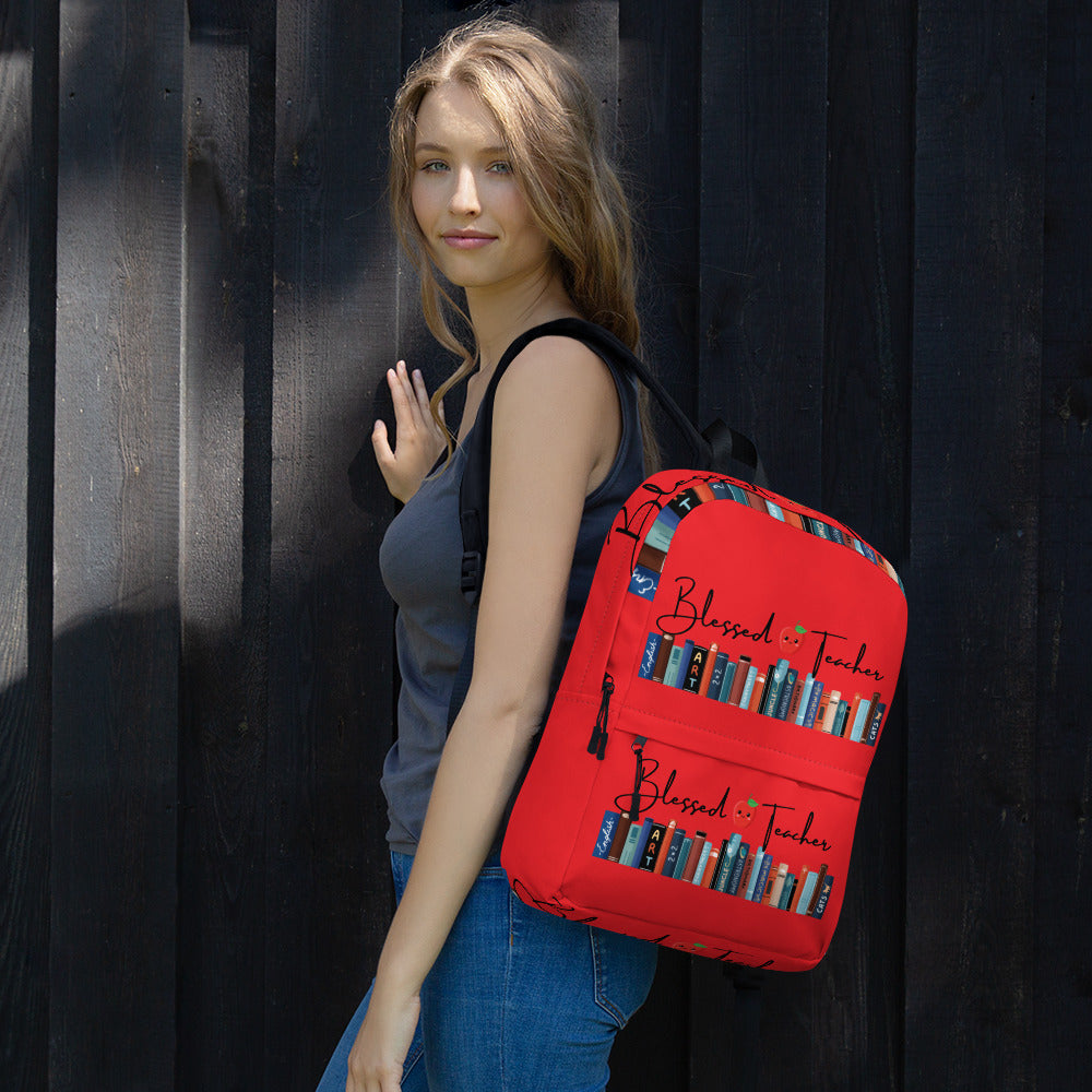 Blessed Teacher Red Backpack (Female Wearing View)