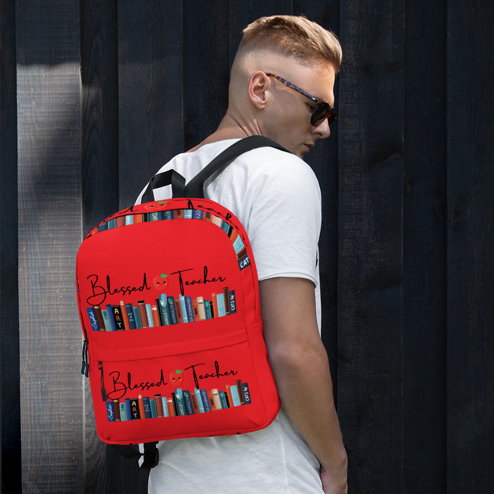 Blessed Teacher Red Backpack (Male Wearing View)