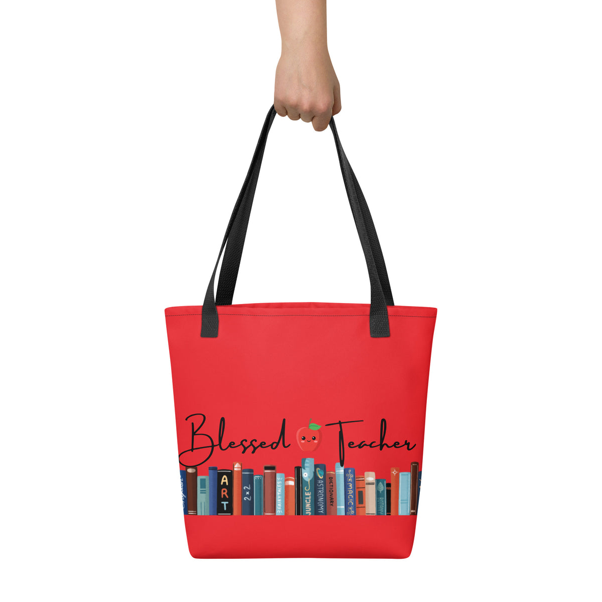 Blessed Teacher Red Tote Bag (Carrying View) 