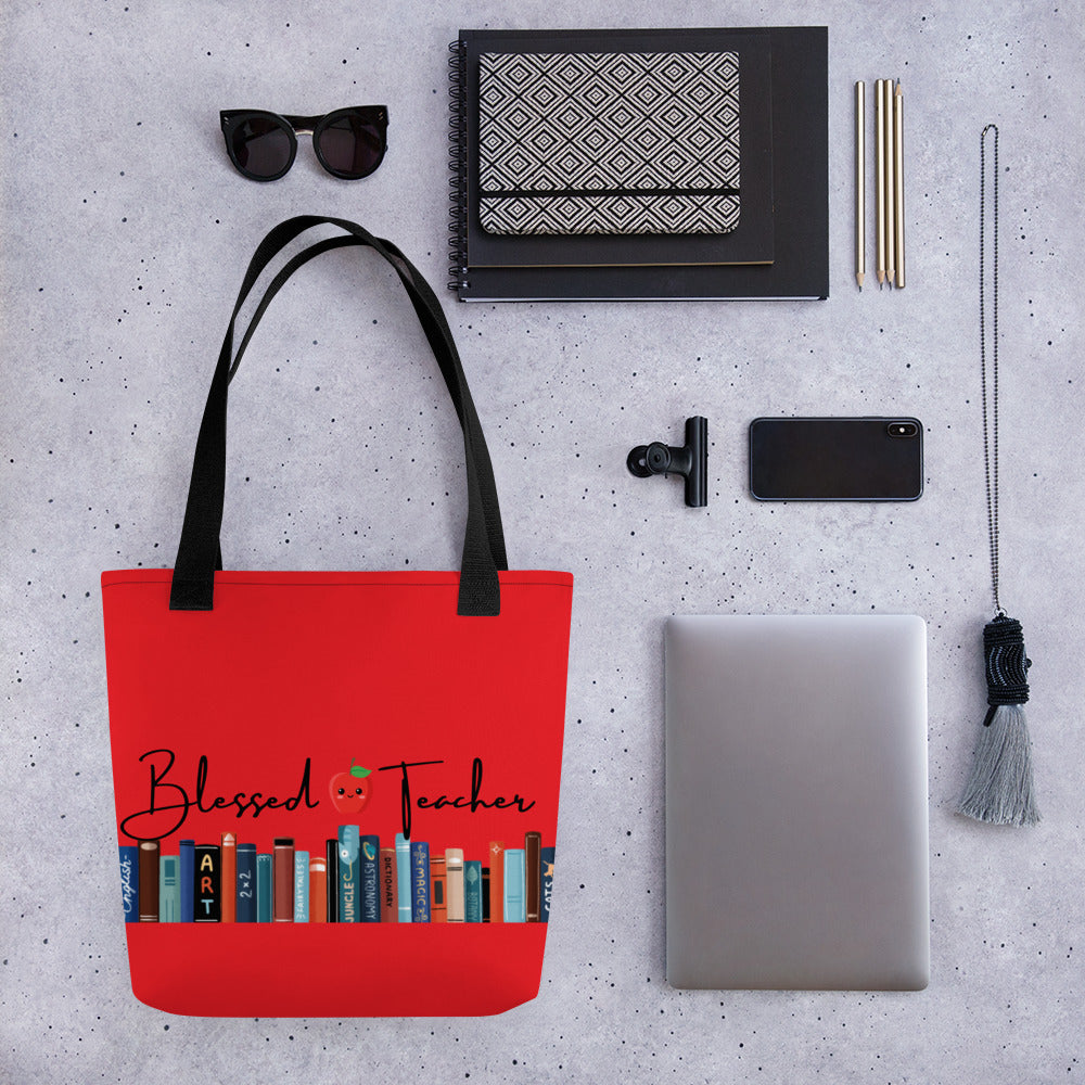 Blessed Teacher Red Tote Bag (Mockup View)