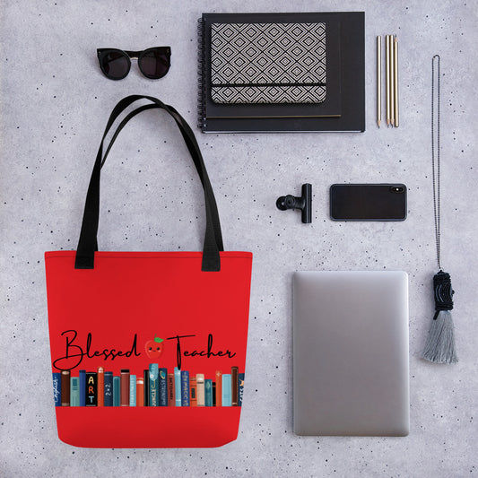 Blessed Teacher Red Tote Bag (Mockup View)