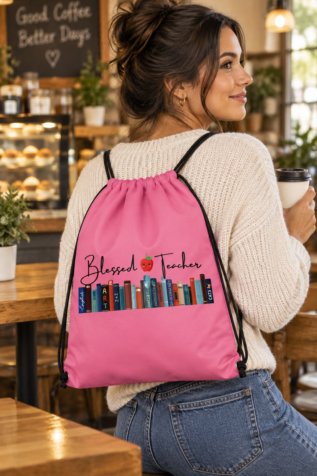 Blessed Teacher Tickle Me Pink Drawstring Backpack