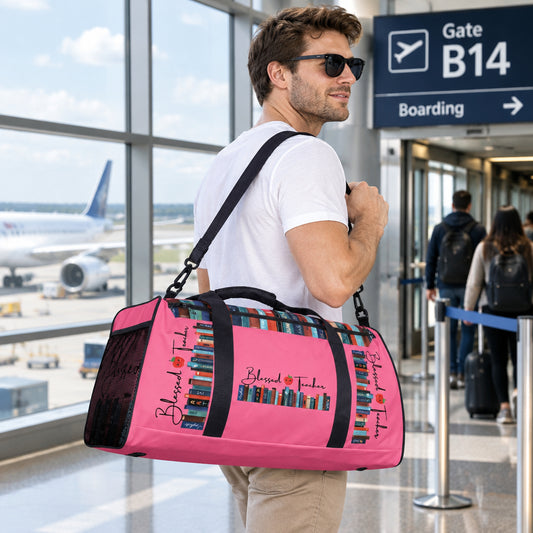 Blessed Teacher Tickle Me Pink Duffle Bag (Male Wearing View)