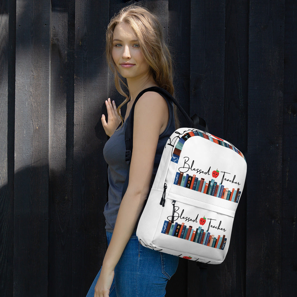 Blessed Teacher White Backpack (Female Wearing View)