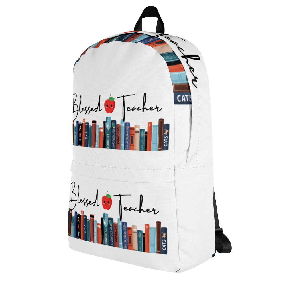 Blessed Teacher White Backpack (Left Side View)