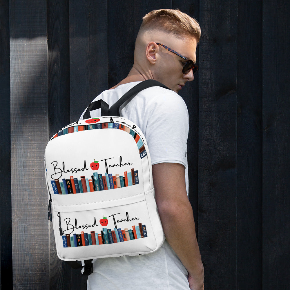 Blessed Teacher White Backpack (Male Wearing View)